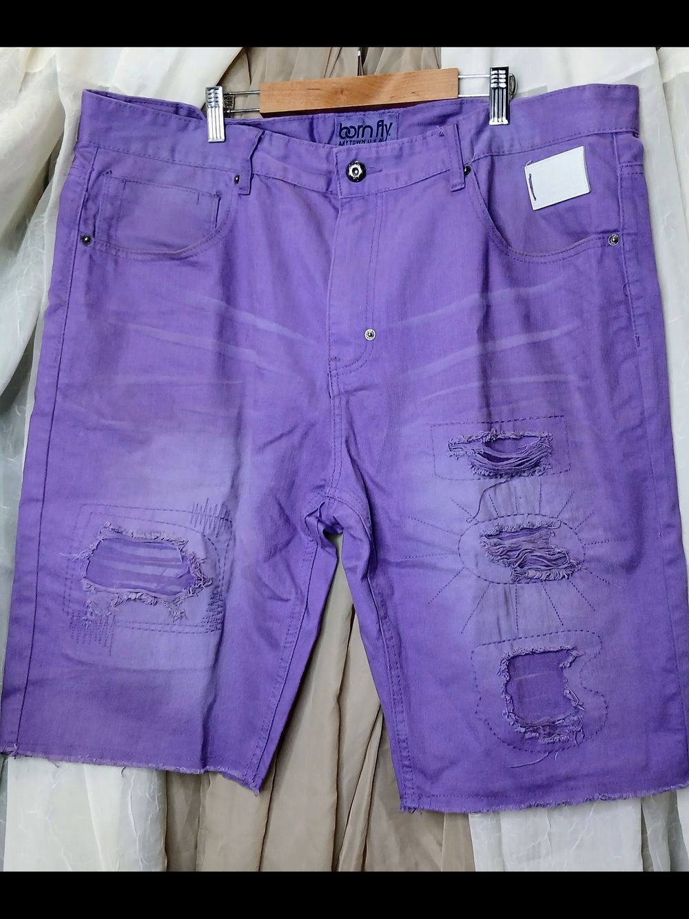 Born Fly Men's Purple Distressed Denim Shorts